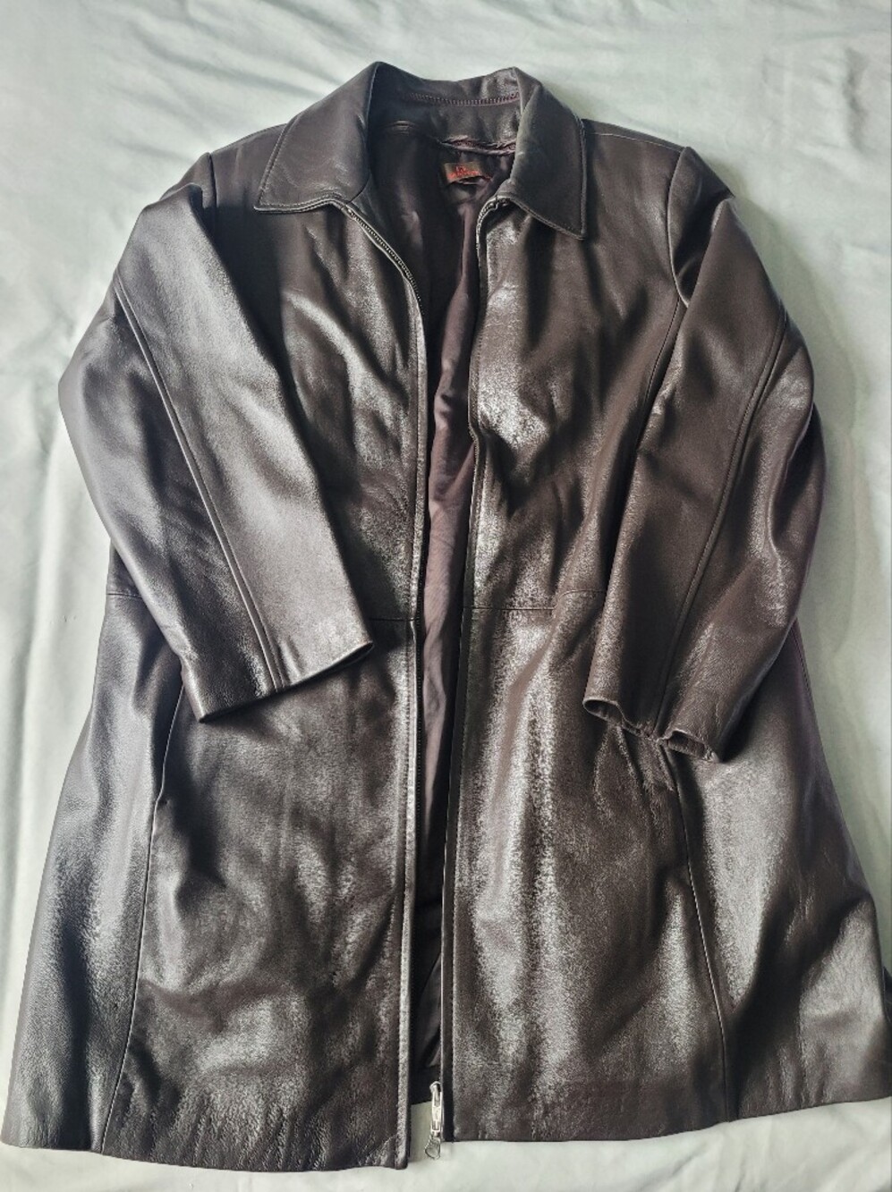 Danier Womans Dark Brown Long Leather Coat with Zip Up Front